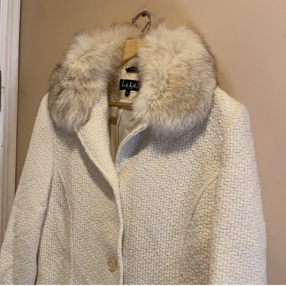 Nicole Miller Cream Winter Fur trim Knit Coat - Picture 6 of 16